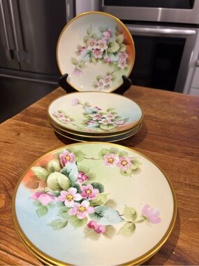 Antique Fine Floral Dessert Plates - Pink and Green with Gold Trim